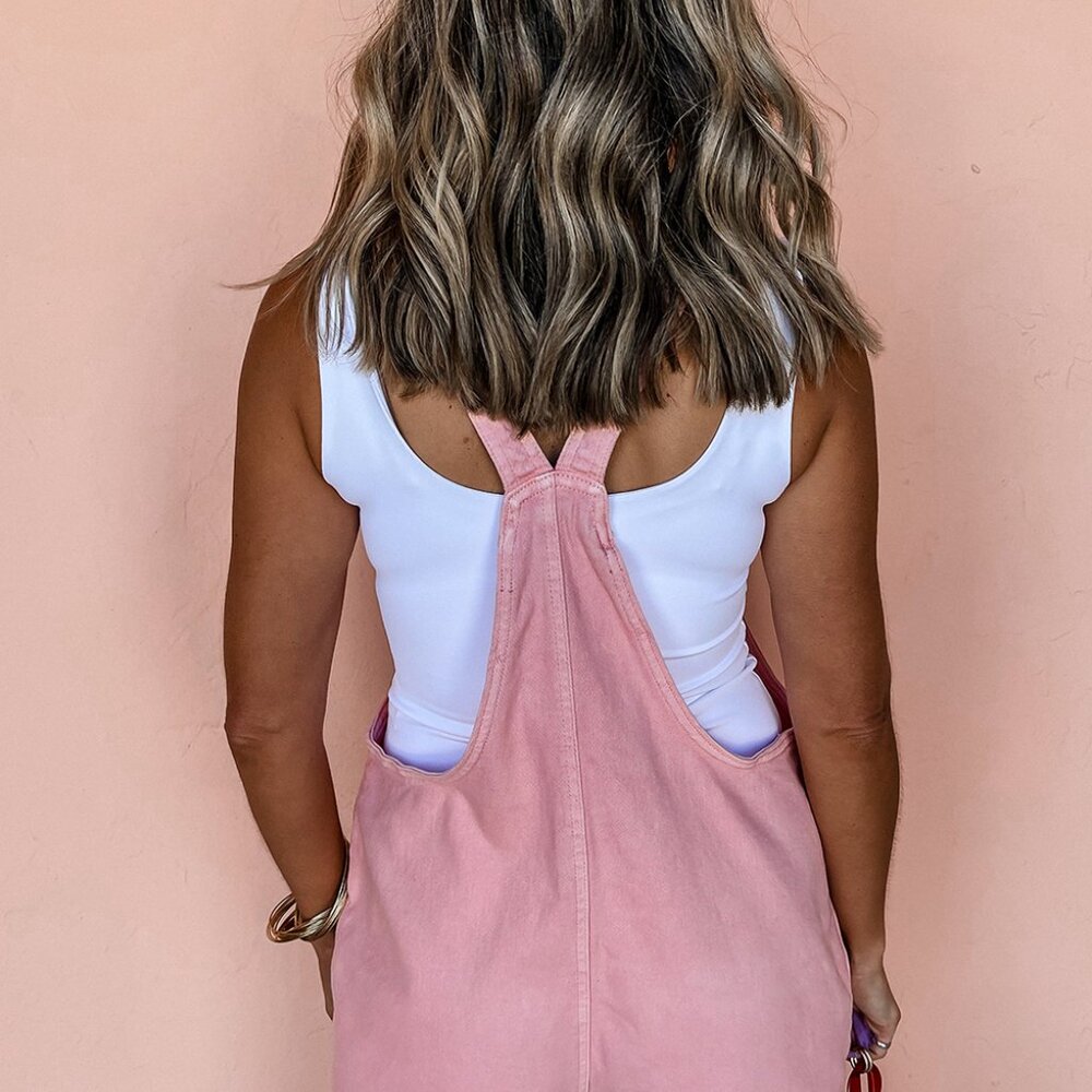 B240 Pink Solid Color Knot Straps Denim Romper with Pockets - Picture 2 of 10